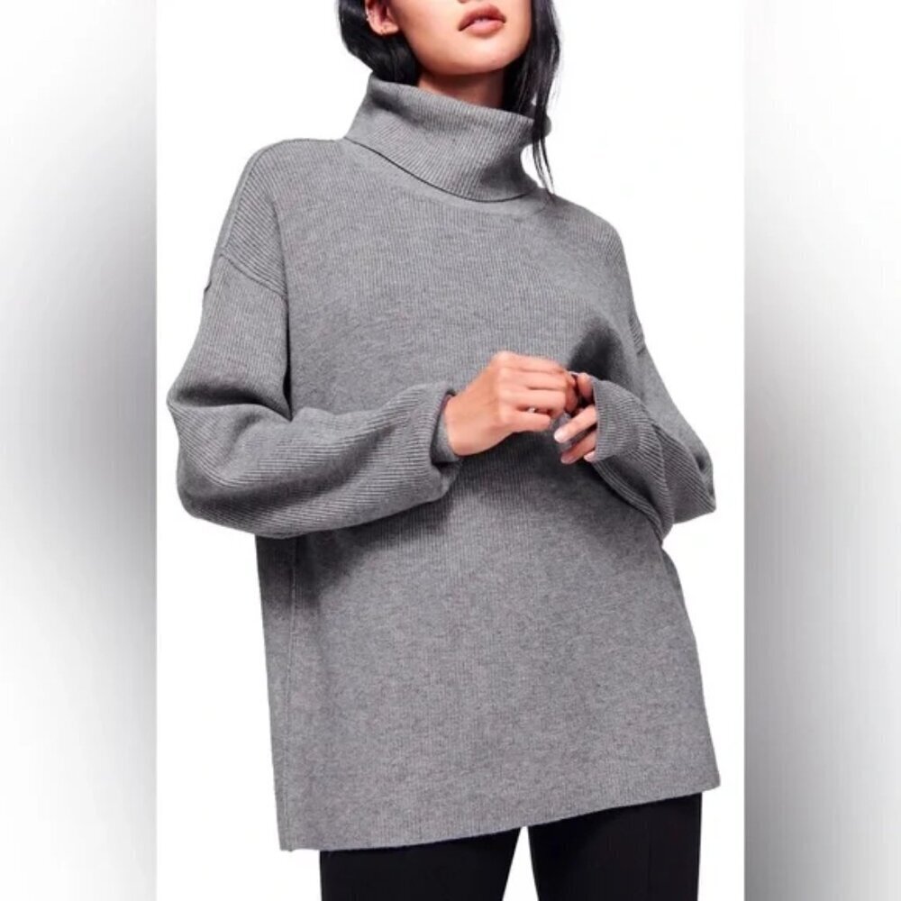 Free People Softly Structured Tunic Sweater Size Large Oversized Turtleneck Gray